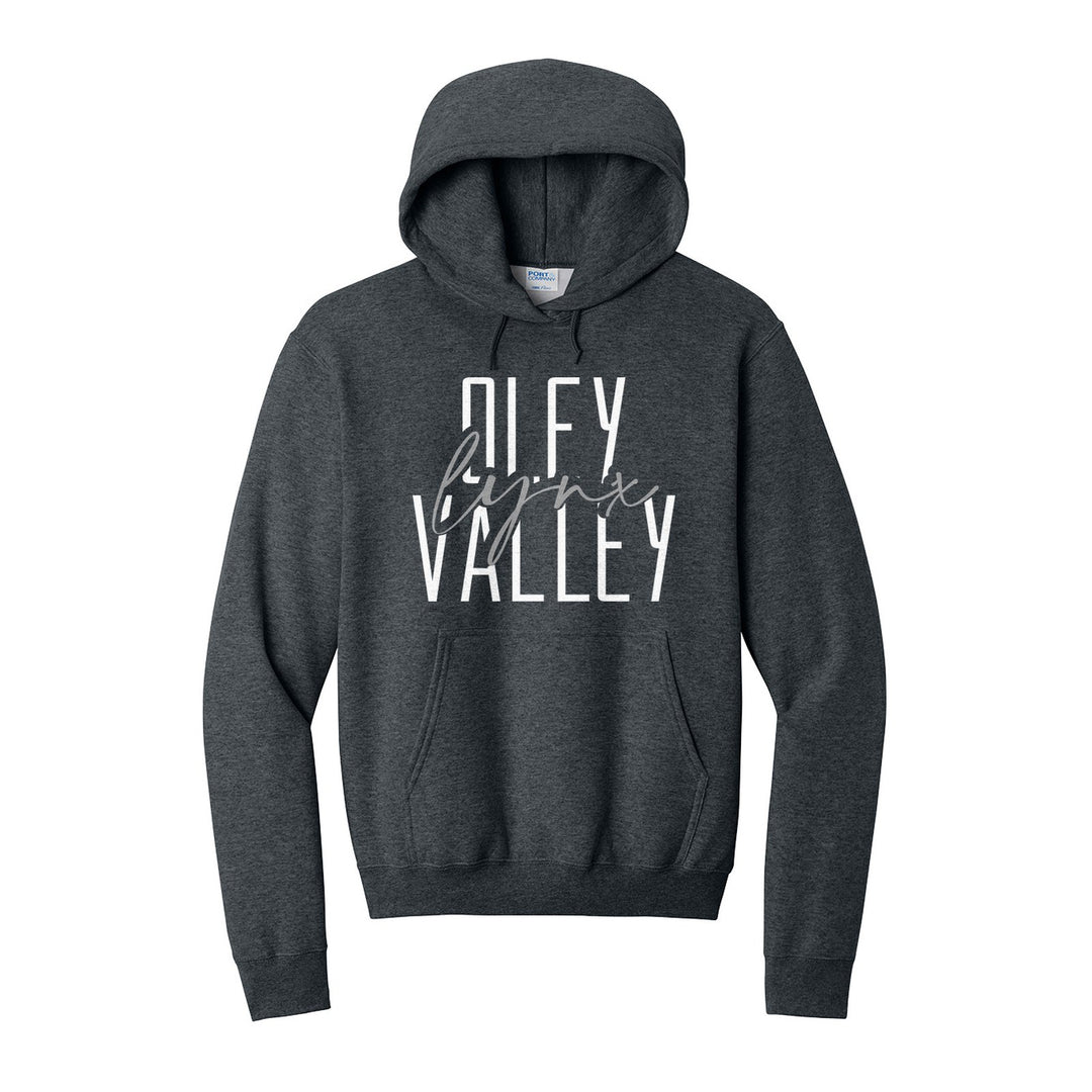 Oley Valley Lynx Tall Type Script hoodie in Dark Heather Grey: tall OLEY VALLEY lettering with Lynx in flowing script across the middle