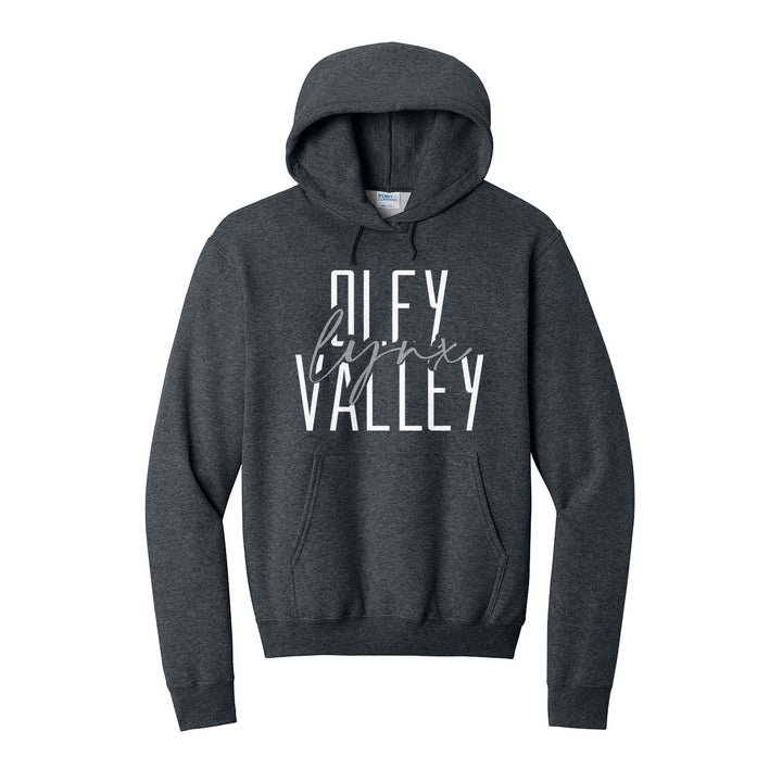 Oley Valley Lynx Tall Type Script hoodie in Dark Heather Grey: tall OLEY VALLEY lettering with Lynx in flowing script across the middle
