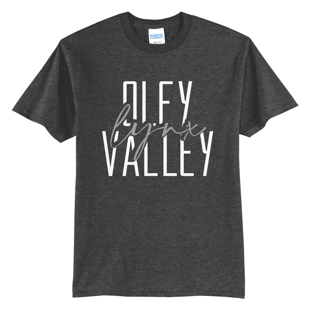 Oley Valley Lynx Tall Type Script t-shirt in Dark Heather Grey: tall OLEY VALLEY lettering with Lynx in flowing script across the middle