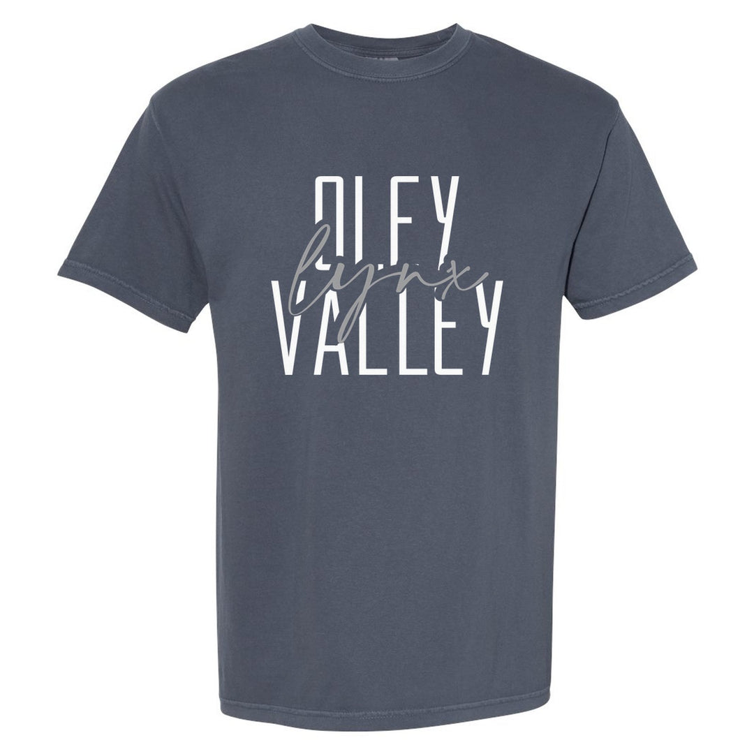 Oley Valley Lynx Tall Type Script comfort colors t-shirt in Denim: tall OLEY VALLEY lettering with Lynx in flowing script across the middle