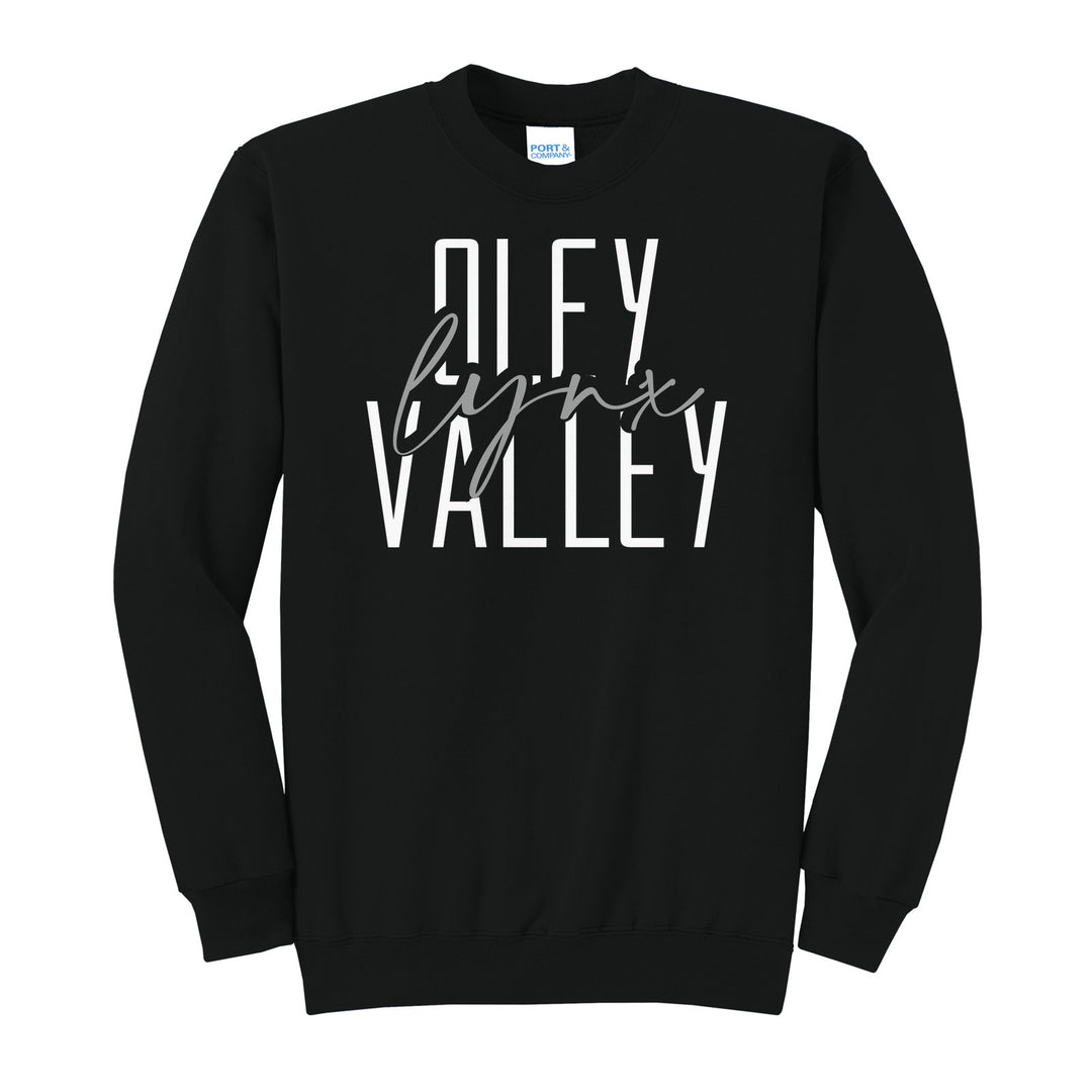 Oley Valley Lynx Tall Type Script crewneck sweatshirt in Jet Black: tall OLEY VALLEY lettering with Lynx in flowing script across the middle