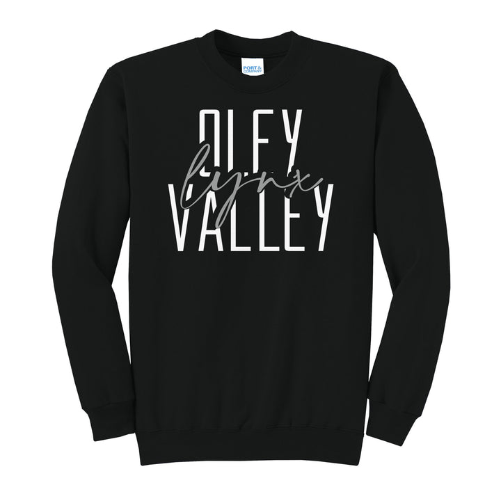 Oley Valley Lynx Tall Type Script crewneck sweatshirt in Jet Black: tall OLEY VALLEY lettering with Lynx in flowing script across the middle