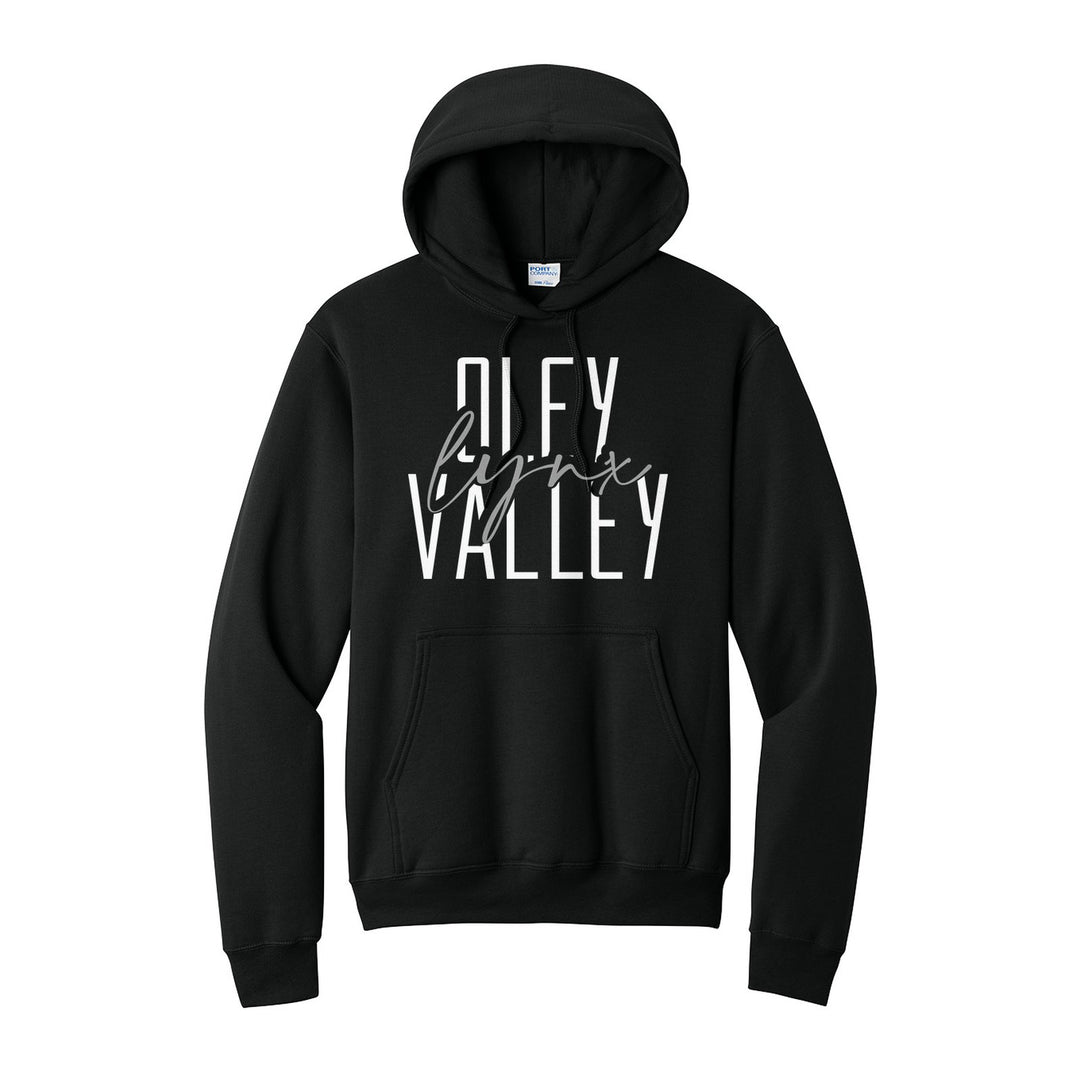Oley Valley Lynx Tall Type Script hoodie in Jet Black: tall OLEY VALLEY lettering with Lynx in flowing script across the middle