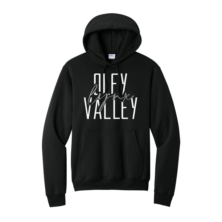 Oley Valley Lynx Tall Type Script hoodie in Jet Black: tall OLEY VALLEY lettering with Lynx in flowing script across the middle