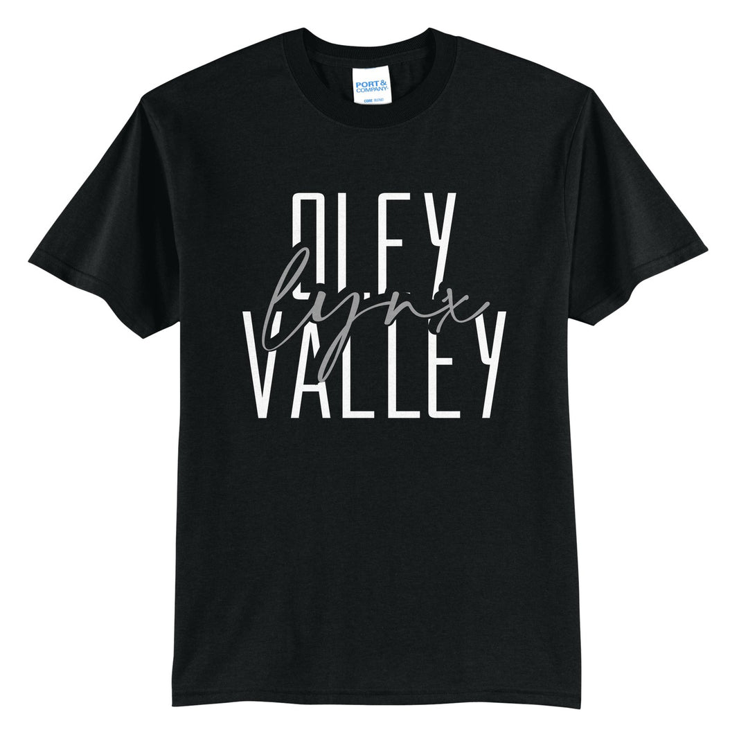 Oley Valley Lynx Tall Type Script t-shirt in Jet Black: tall OLEY VALLEY lettering with Lynx in flowing script across the middle