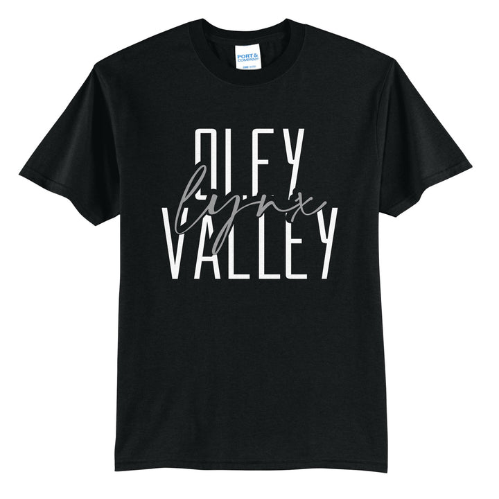 Oley Valley Lynx Tall Type Script t-shirt in Jet Black: tall OLEY VALLEY lettering with Lynx in flowing script across the middle