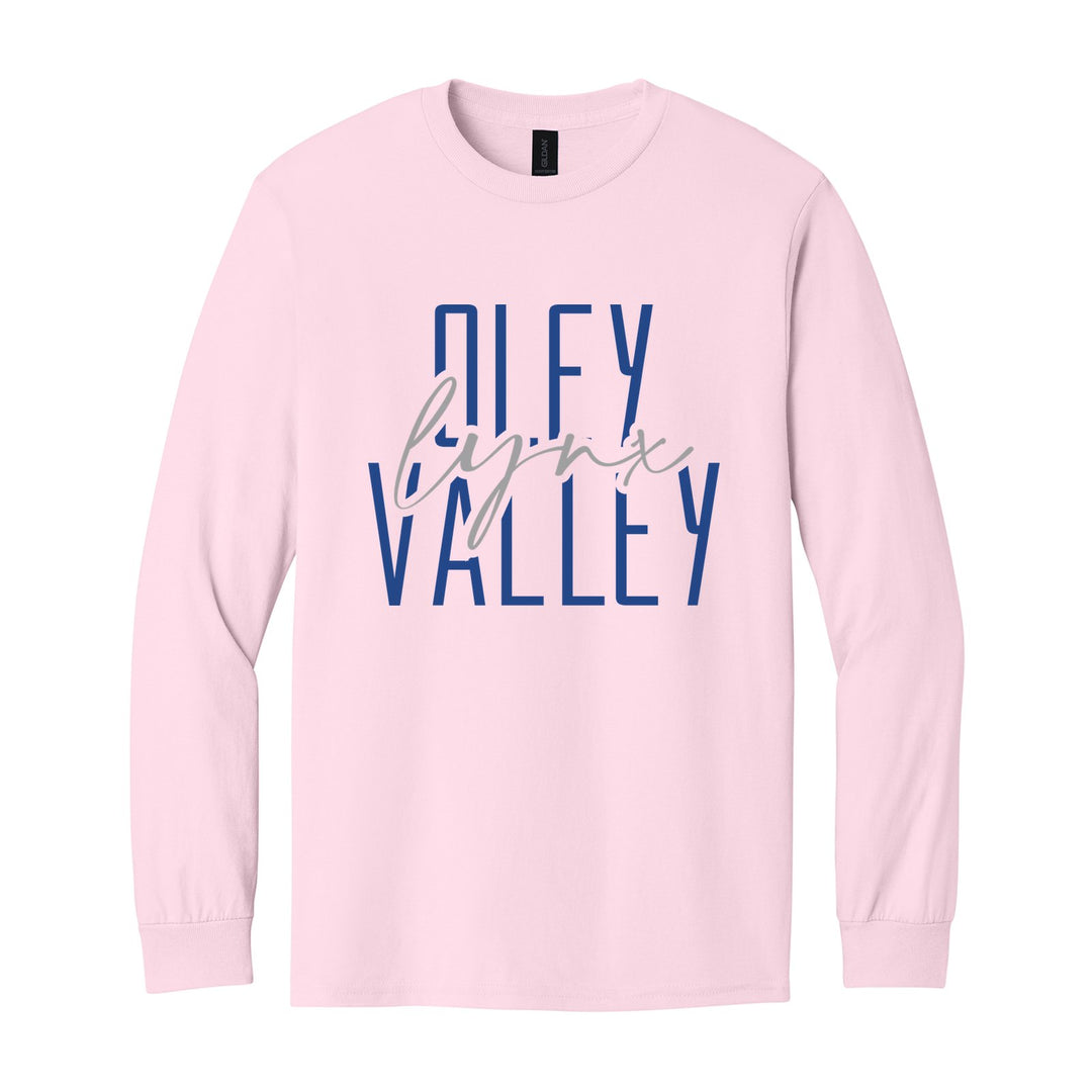 Oley Valley Lynx Tall Type Script long sleeve t-shirt in Light Pink: tall OLEY VALLEY lettering with Lynx in flowing script across the middle