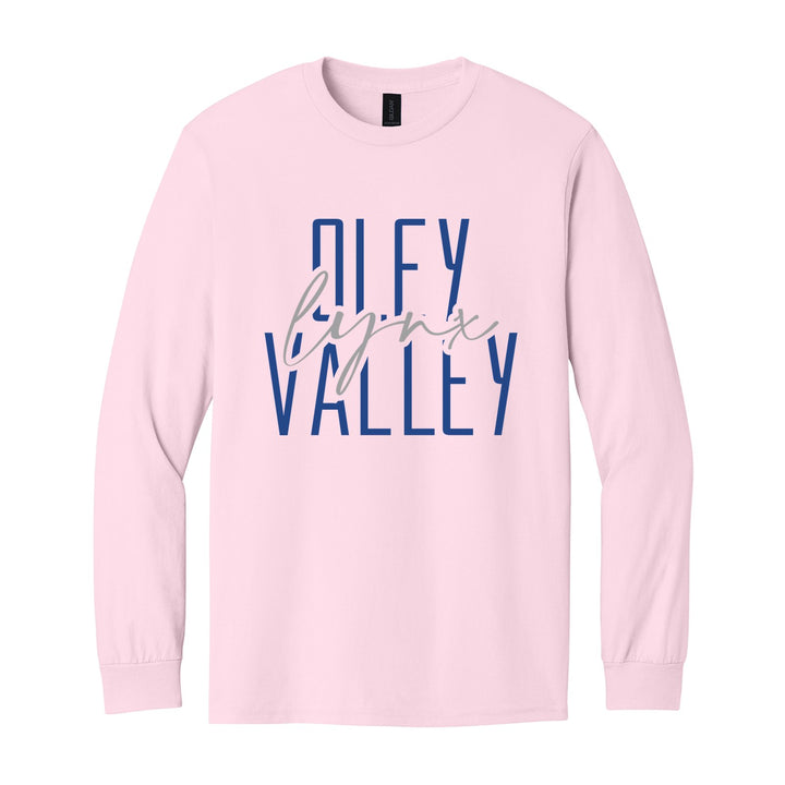 Oley Valley Lynx Tall Type Script long sleeve t-shirt in Light Pink: tall OLEY VALLEY lettering with Lynx in flowing script across the middle