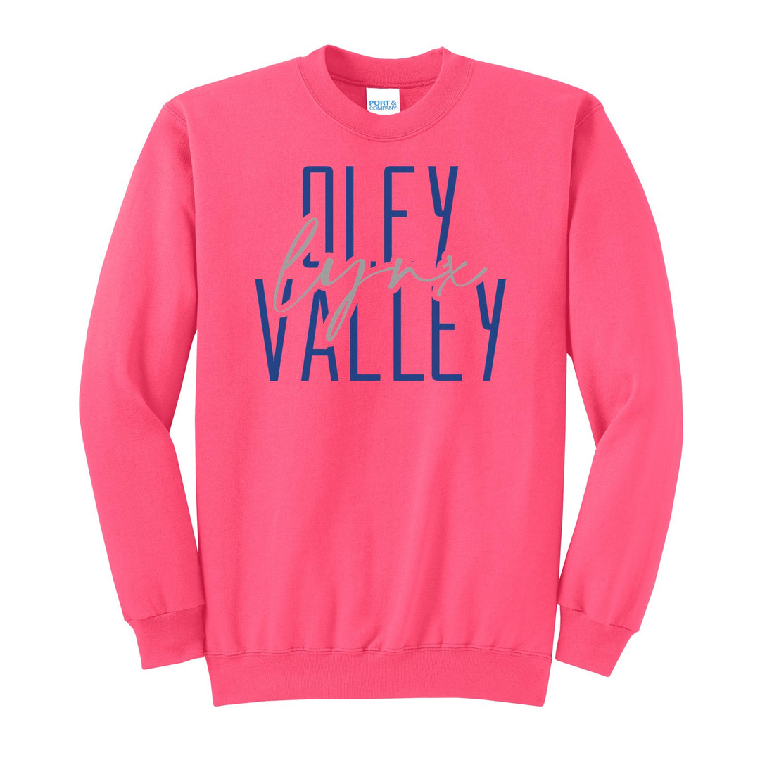 Oley Valley Lynx Tall Type Script crewneck sweatshirt in Neon Pink: tall OLEY VALLEY lettering with Lynx in flowing script across the middle