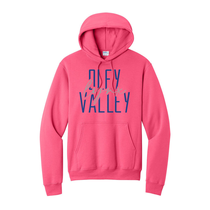 Oley Valley Lynx Tall Type Script hoodie in Neon Pink: tall OLEY VALLEY lettering with Lynx in flowing script across the middle