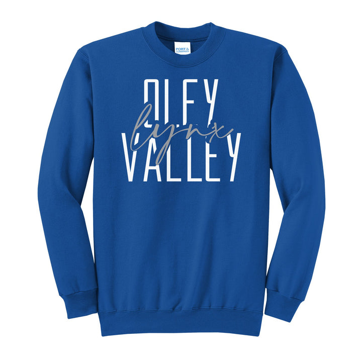 Oley Valley Lynx Tall Type Script crewneck sweatshirt in Royal: tall OLEY VALLEY lettering with Lynx in flowing script across the middle