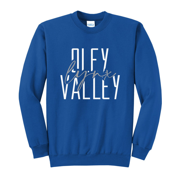 Oley Valley Lynx Tall Type Script crewneck sweatshirt in Royal: tall OLEY VALLEY lettering with Lynx in flowing script across the middle