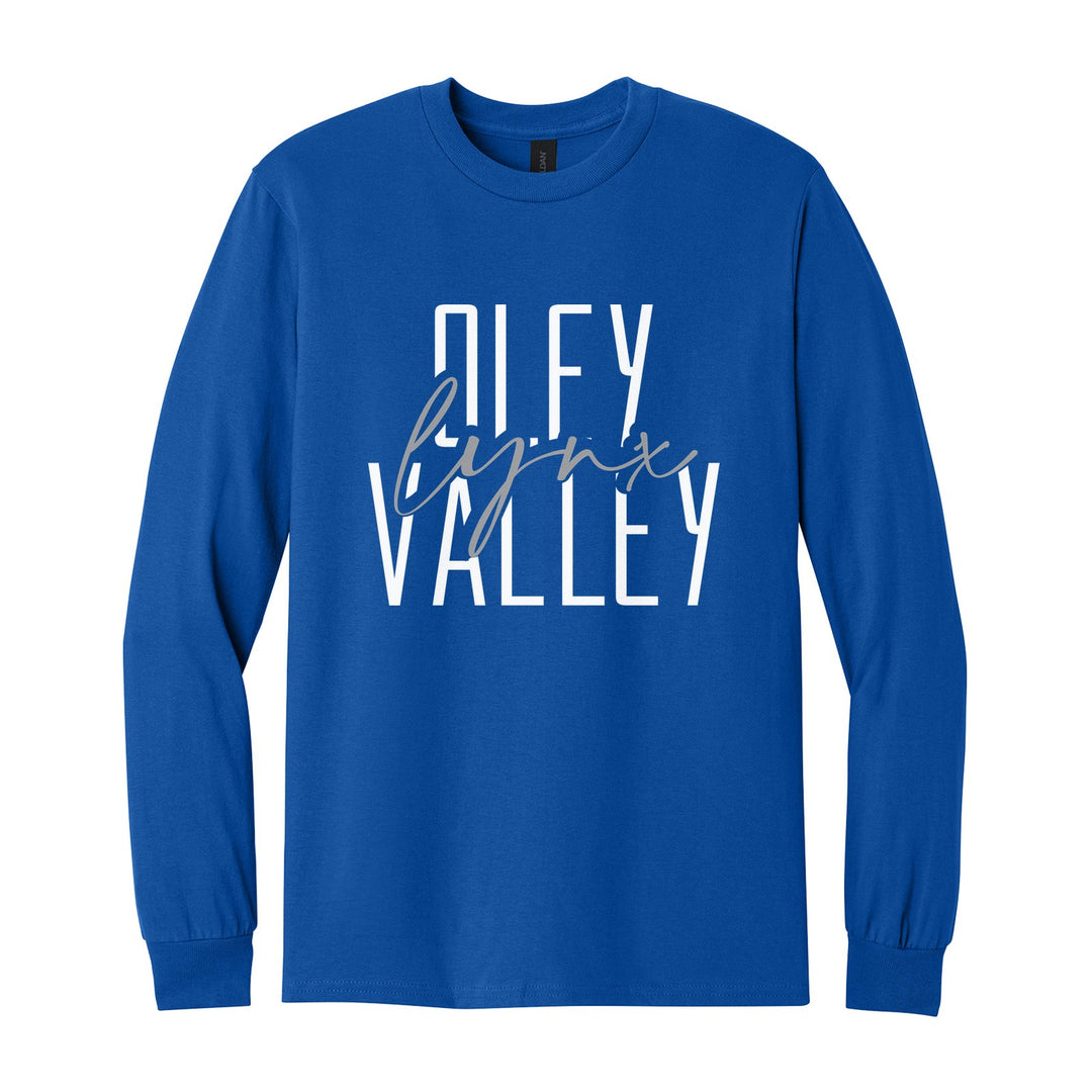 Oley Valley Lynx Tall Type Script long sleeve t-shirt in Royal: tall OLEY VALLEY lettering with Lynx in flowing script across the middle