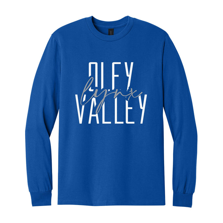 Oley Valley Lynx Tall Type Script long sleeve t-shirt in Royal: tall OLEY VALLEY lettering with Lynx in flowing script across the middle