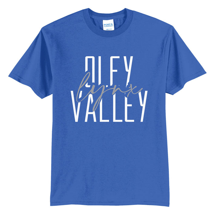 Oley Valley Lynx Tall Type Script t-shirt in Royal: tall OLEY VALLEY lettering with Lynx in flowing script across the middle