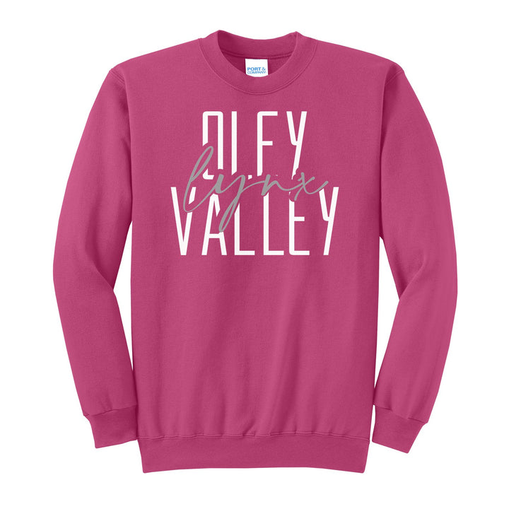 Oley Valley Lynx Tall Type Script crewneck sweatshirt in Sangria: tall OLEY VALLEY lettering with Lynx in flowing script across the middle