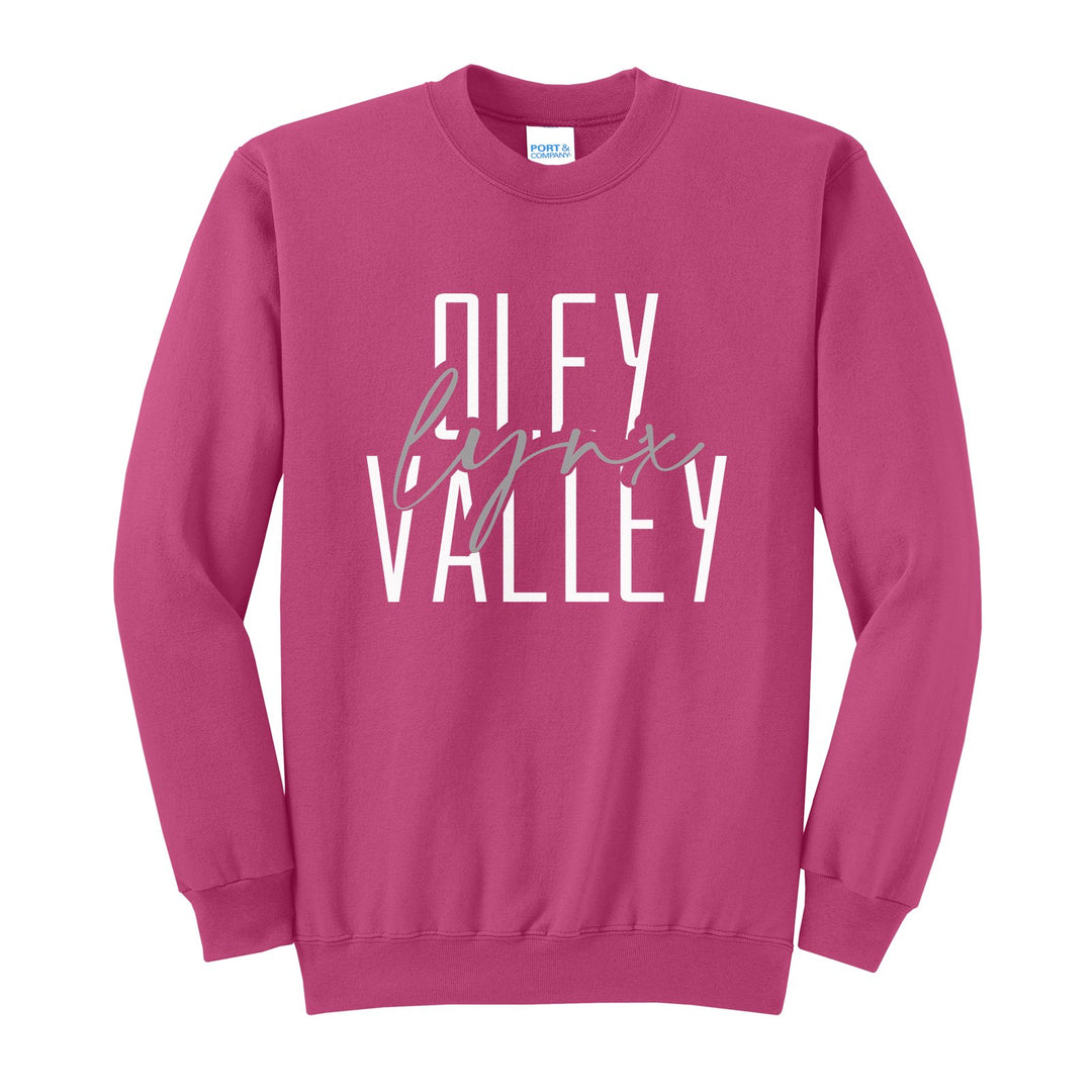 Oley Valley Lynx Tall Type Script crewneck sweatshirt in Sangria: tall OLEY VALLEY lettering with Lynx in flowing script across the middle