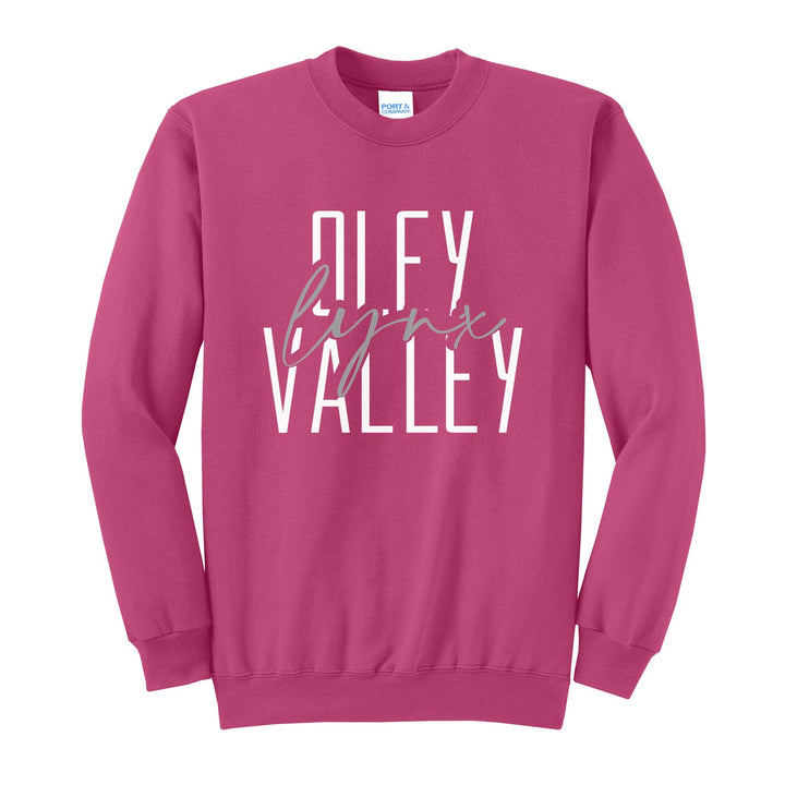 Oley Valley Lynx Tall Type Script crewneck sweatshirt in Sangria: tall OLEY VALLEY lettering with Lynx in flowing script across the middle