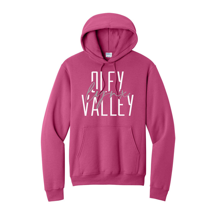 Oley Valley Lynx Tall Type Script hoodie in Sangria: tall OLEY VALLEY lettering with Lynx in flowing script across the middle