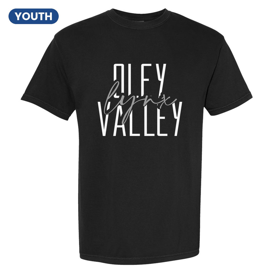 Oley Valley Lynx Tall Type Script youth comfort colors t-shirt in Black: tall OLEY VALLEY lettering with Lynx in flowing script across the middle
