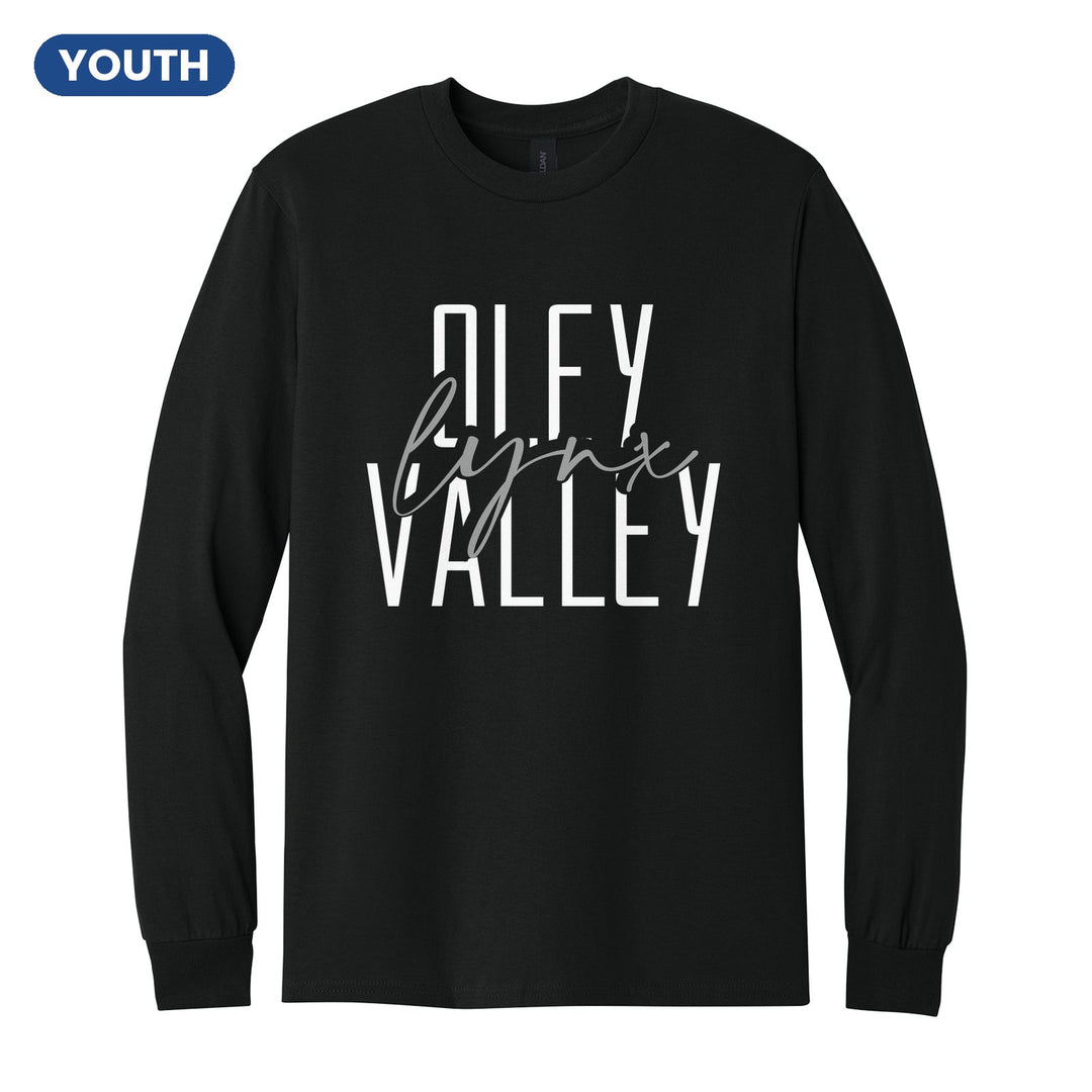 Oley Valley Lynx Tall Type Script youth long sleeve t-shirt in Black: tall OLEY VALLEY lettering with Lynx in flowing script across the middle