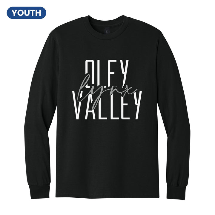 Oley Valley Lynx Tall Type Script youth long sleeve t-shirt in Black: tall OLEY VALLEY lettering with Lynx in flowing script across the middle