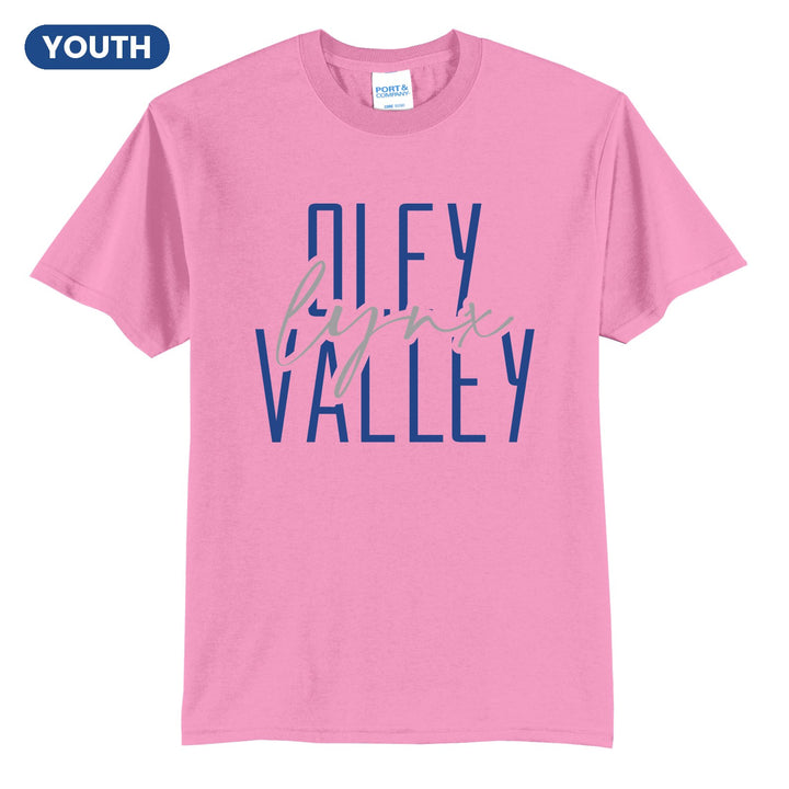 Oley Valley Lynx Tall Type Script youth t-shirt in Candy Pink: tall OLEY VALLEY lettering with Lynx in flowing script across the middle