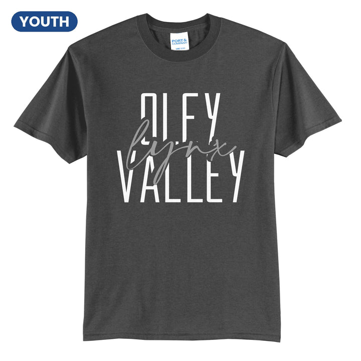 Oley Valley Lynx Tall Type Script youth t-shirt in Charcoal: tall OLEY VALLEY lettering with Lynx in flowing script across the middle