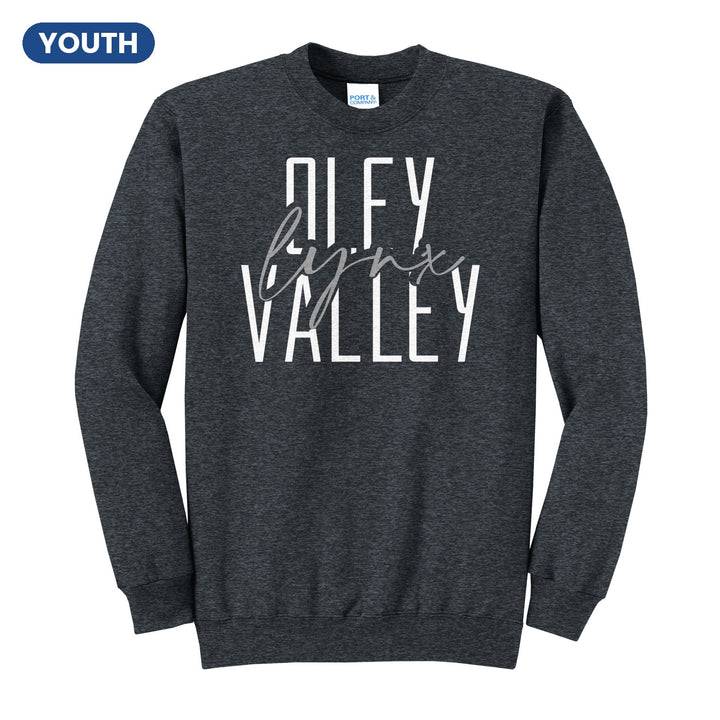 Oley Valley Lynx Tall Type Script youth crewneck sweatshirt in Dark Heather Grey: tall OLEY VALLEY lettering with Lynx in flowing script across the middle