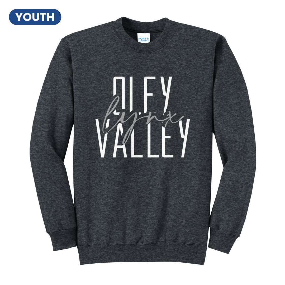 Oley Valley Lynx Tall Type Script youth crewneck sweatshirt in Dark Heather Grey: tall OLEY VALLEY lettering with Lynx in flowing script across the middle