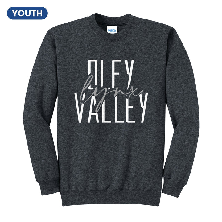 Oley Valley Lynx Tall Type Script youth crewneck sweatshirt in Dark Heather Grey: tall OLEY VALLEY lettering with Lynx in flowing script across the middle