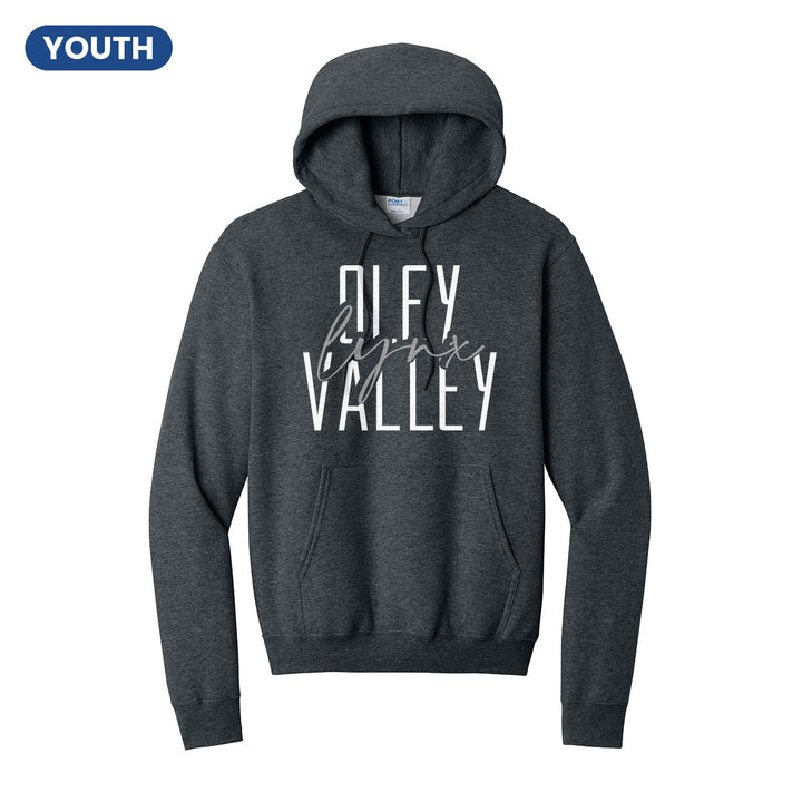 Oley Valley Lynx Tall Type Script youth hoodie in Dark Heather Grey: tall OLEY VALLEY lettering with Lynx in flowing script across the middle