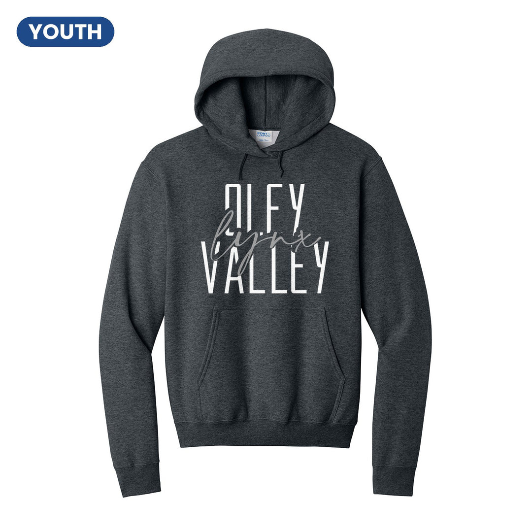 Oley Valley Lynx Tall Type Script youth hoodie in Dark Heather Grey: tall OLEY VALLEY lettering with Lynx in flowing script across the middle