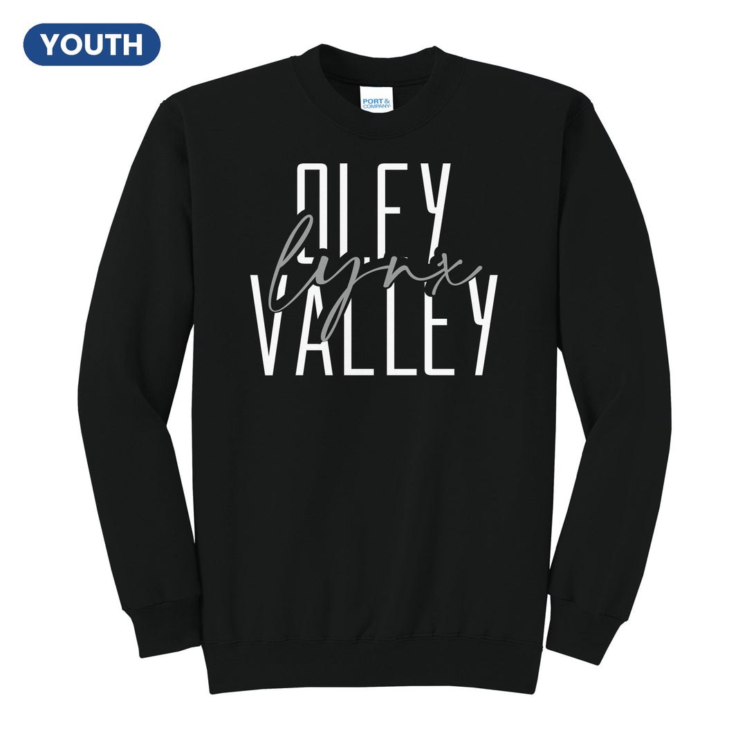 Oley Valley Lynx Tall Type Script youth crewneck sweatshirt in Jet Black: tall OLEY VALLEY lettering with Lynx in flowing script across the middle