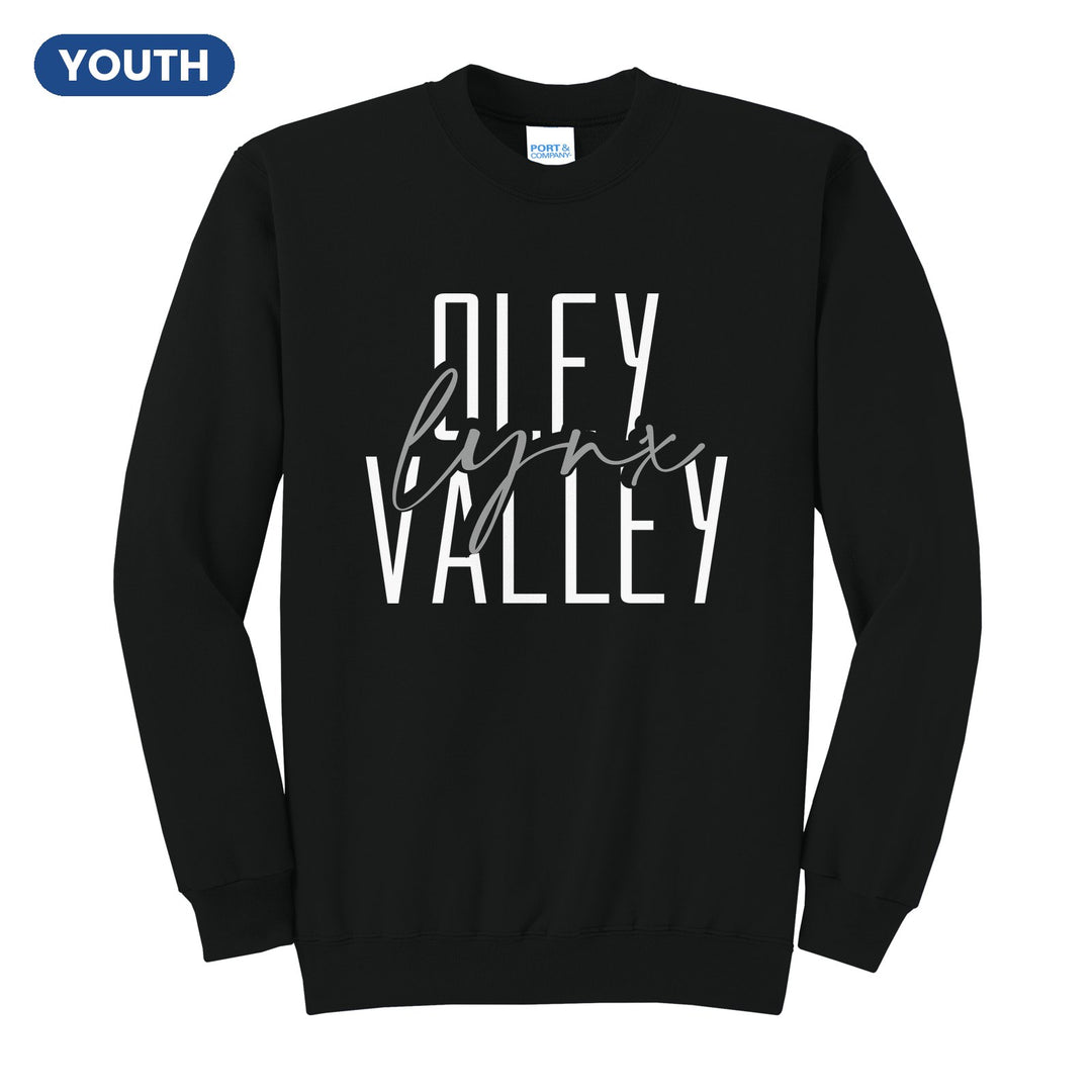 Oley Valley Lynx Tall Type Script youth crewneck sweatshirt in Jet Black: tall OLEY VALLEY lettering with Lynx in flowing script across the middle