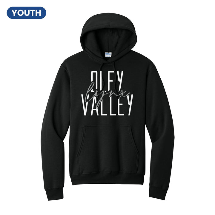 Oley Valley Lynx Tall Type Script youth hoodie in Jet Black: tall OLEY VALLEY lettering with Lynx in flowing script across the middle