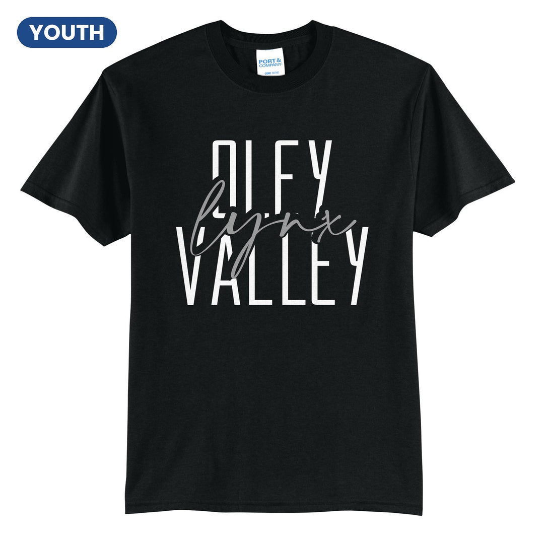 Oley Valley Lynx Tall Type Script youth t-shirt in Jet Black: tall OLEY VALLEY lettering with Lynx in flowing script across the middle