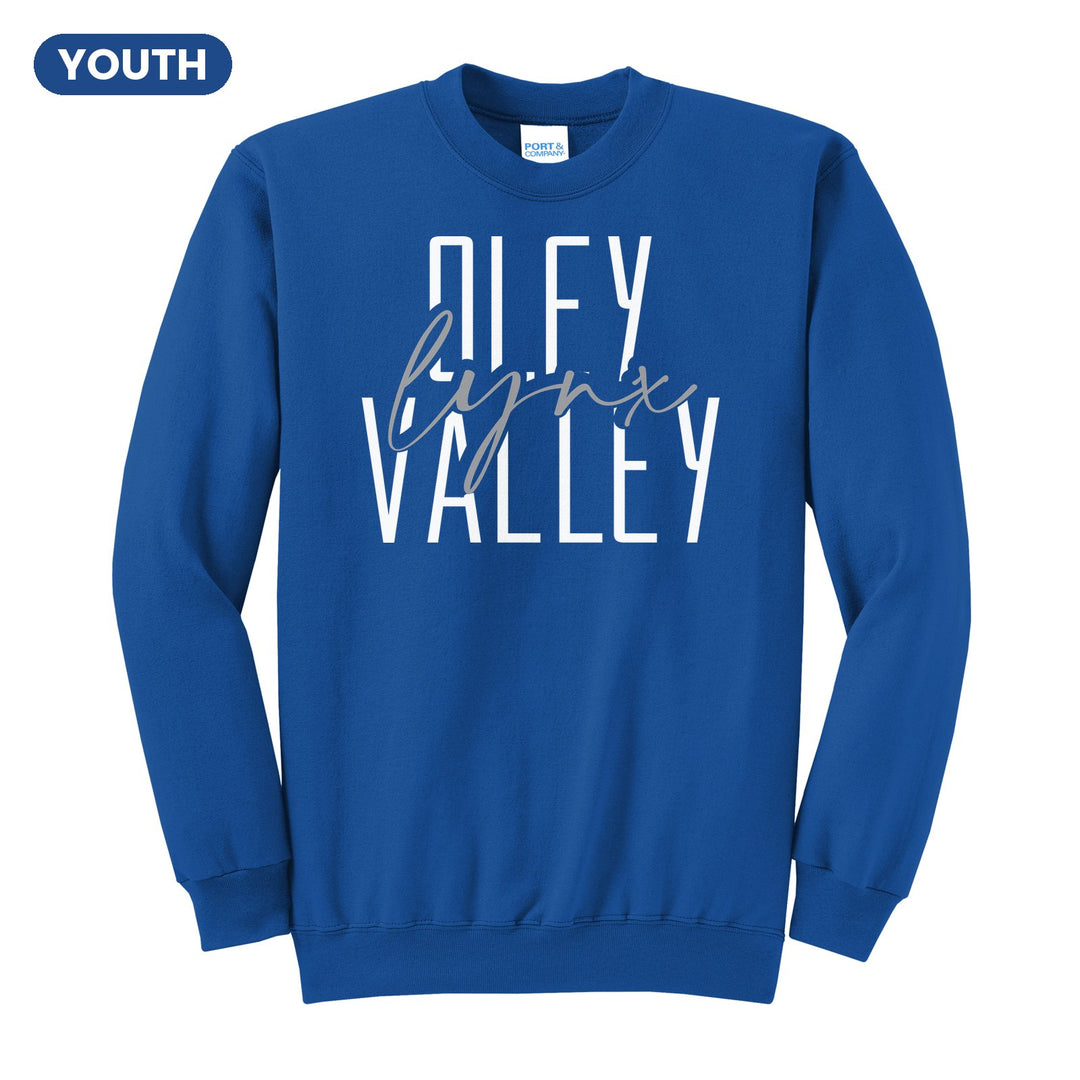 Oley Valley Lynx Tall Type Script youth crewneck sweatshirt in Royal: tall OLEY VALLEY lettering with Lynx in flowing script across the middle