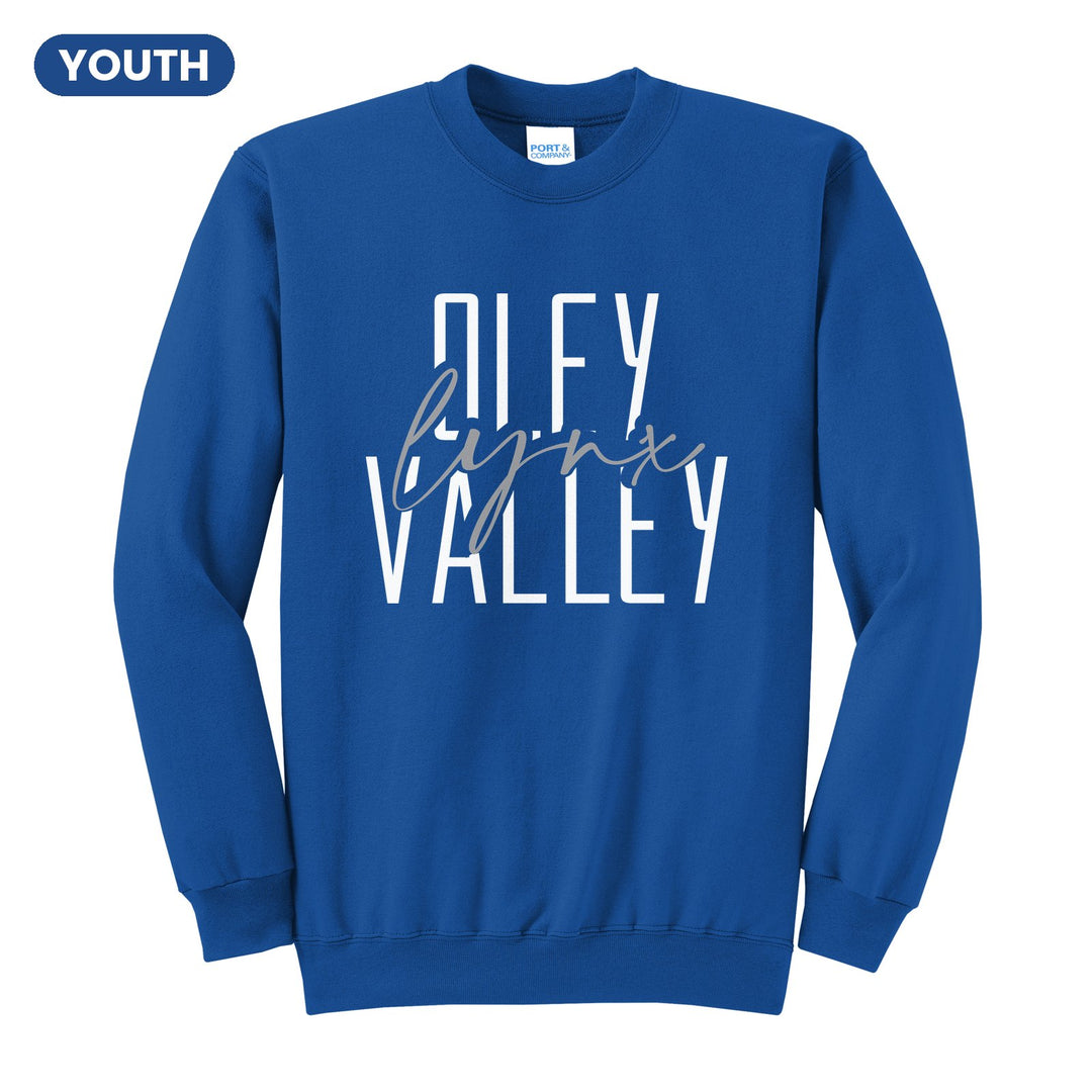 Oley Valley Lynx Tall Type Script youth crewneck sweatshirt in Royal: tall OLEY VALLEY lettering with Lynx in flowing script across the middle