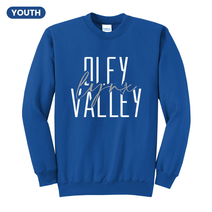 Oley Valley Lynx Tall Type Script youth crewneck sweatshirt in Royal: tall OLEY VALLEY lettering with Lynx in flowing script across the middle