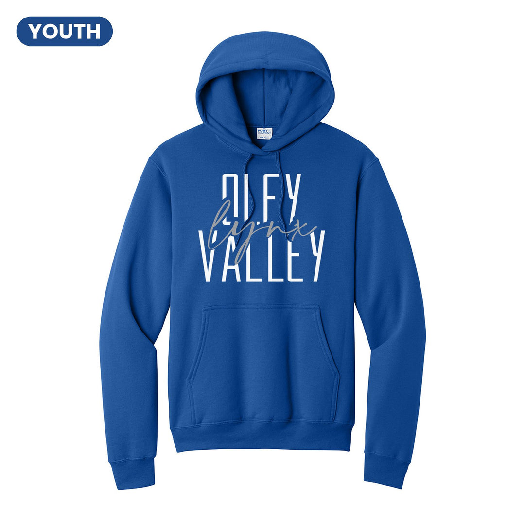 Oley Valley Lynx Tall Type Script youth hoodie in Royal: tall OLEY VALLEY lettering with Lynx in flowing script across the middle