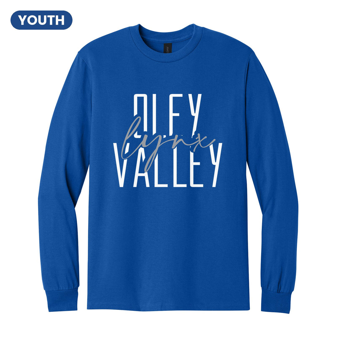 Oley Valley Lynx Tall Type Script youth long sleeve t-shirt in Royal: tall OLEY VALLEY lettering with Lynx in flowing script across the middle