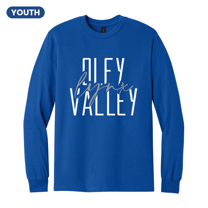 Oley Valley Lynx Tall Type Script youth long sleeve t-shirt in Royal: tall OLEY VALLEY lettering with Lynx in flowing script across the middle