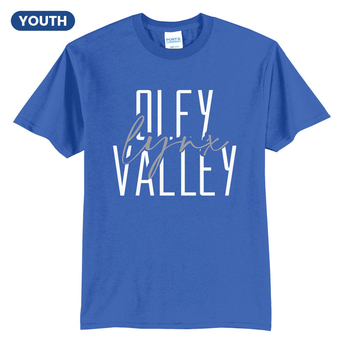 Oley Valley Lynx Tall Type Script youth t-shirt in Royal: tall OLEY VALLEY lettering with Lynx in flowing script across the middle