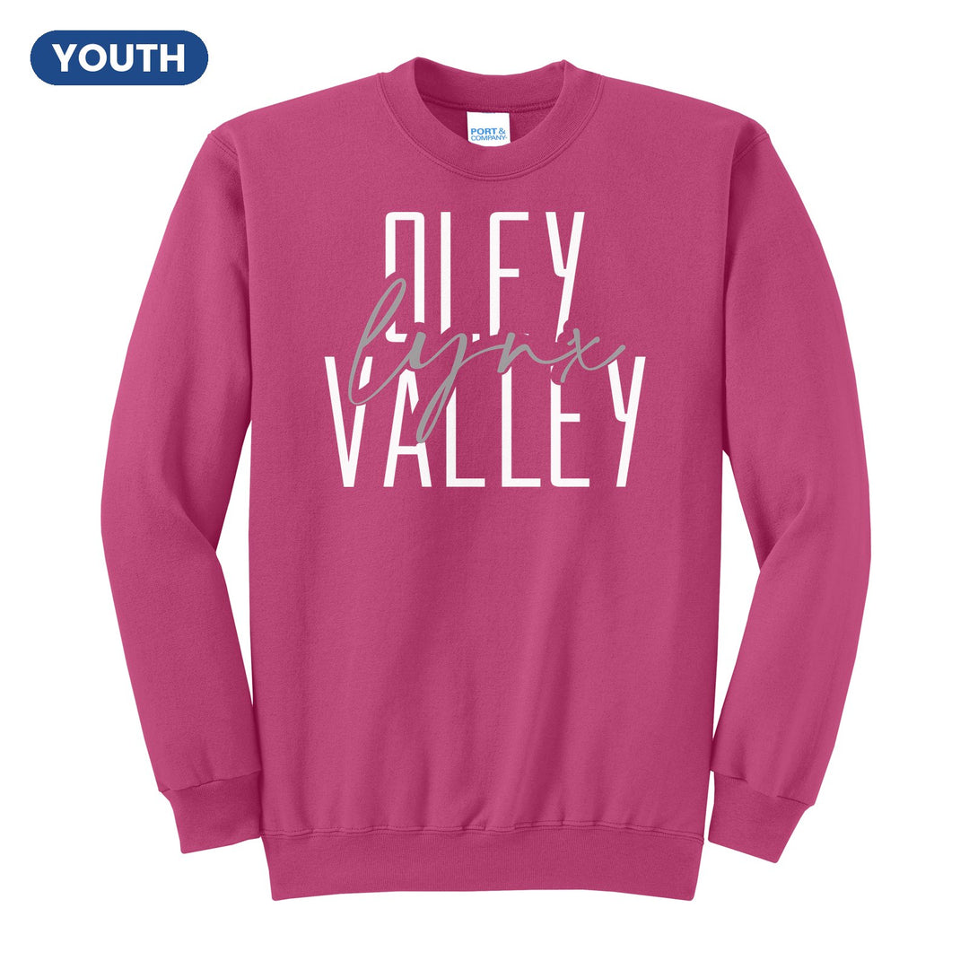 Oley Valley Lynx Tall Type Script youth crewneck sweatshirt in Sangria: tall OLEY VALLEY lettering with Lynx in flowing script across the middle