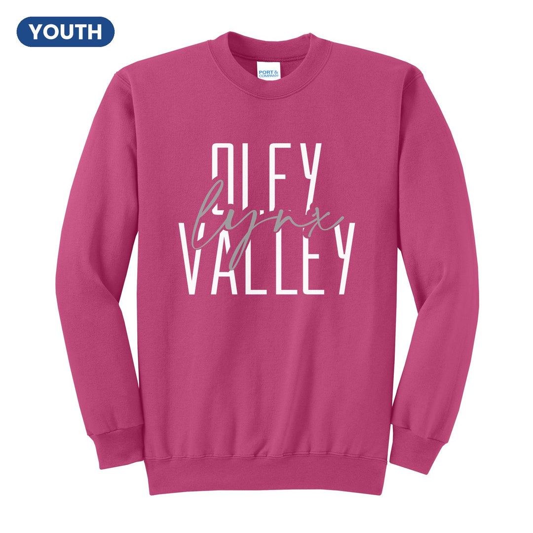Oley Valley Lynx Tall Type Script youth crewneck sweatshirt in Sangria: tall OLEY VALLEY lettering with Lynx in flowing script across the middle