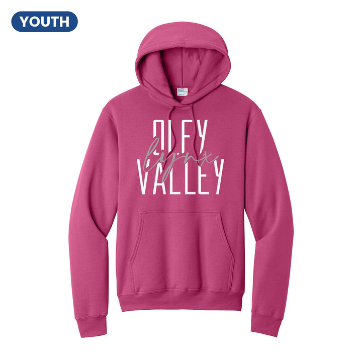 Oley Valley Lynx Tall Type Script youth hoodie in Sangria: tall OLEY VALLEY lettering with Lynx in flowing script across the middle