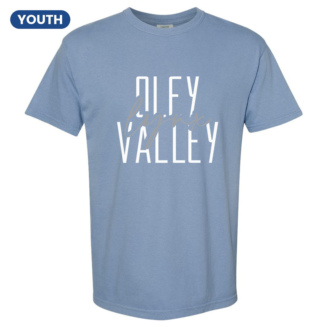 Oley Valley Lynx Tall Type Script youth comfort colors t-shirt in Washed Denim: tall OLEY VALLEY lettering with Lynx in flowing script across the middle