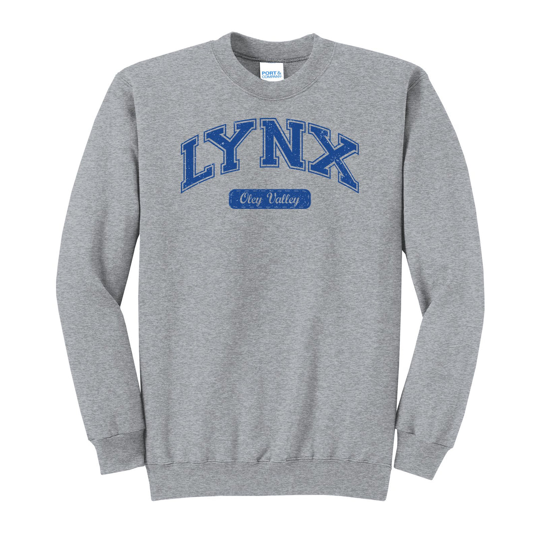 Oley Valley Lynx Varsity Arch crewneck sweatshirt in Athletic Heather: arched varsity LYNX lettering over an Oley Valley script badge