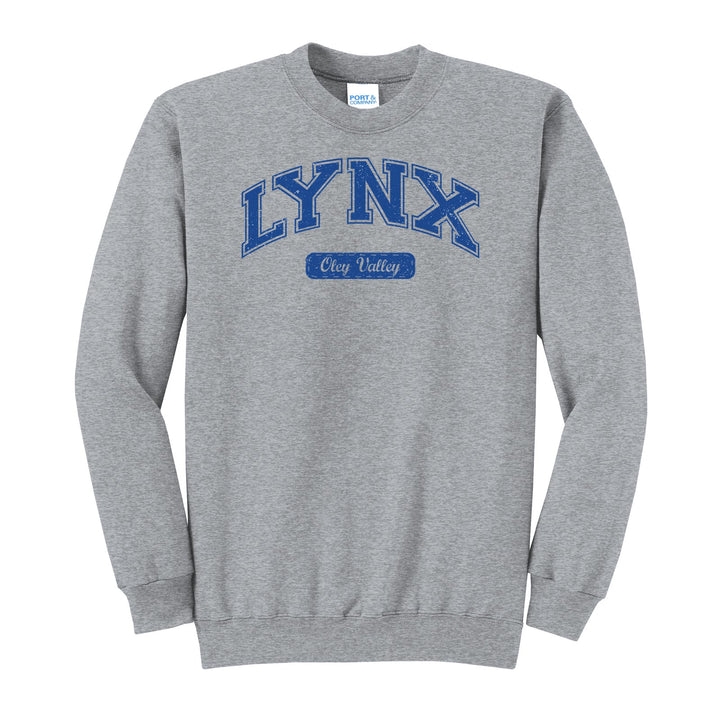 Oley Valley Lynx Varsity Arch crewneck sweatshirt in Athletic Heather: arched varsity LYNX lettering over an Oley Valley script badge